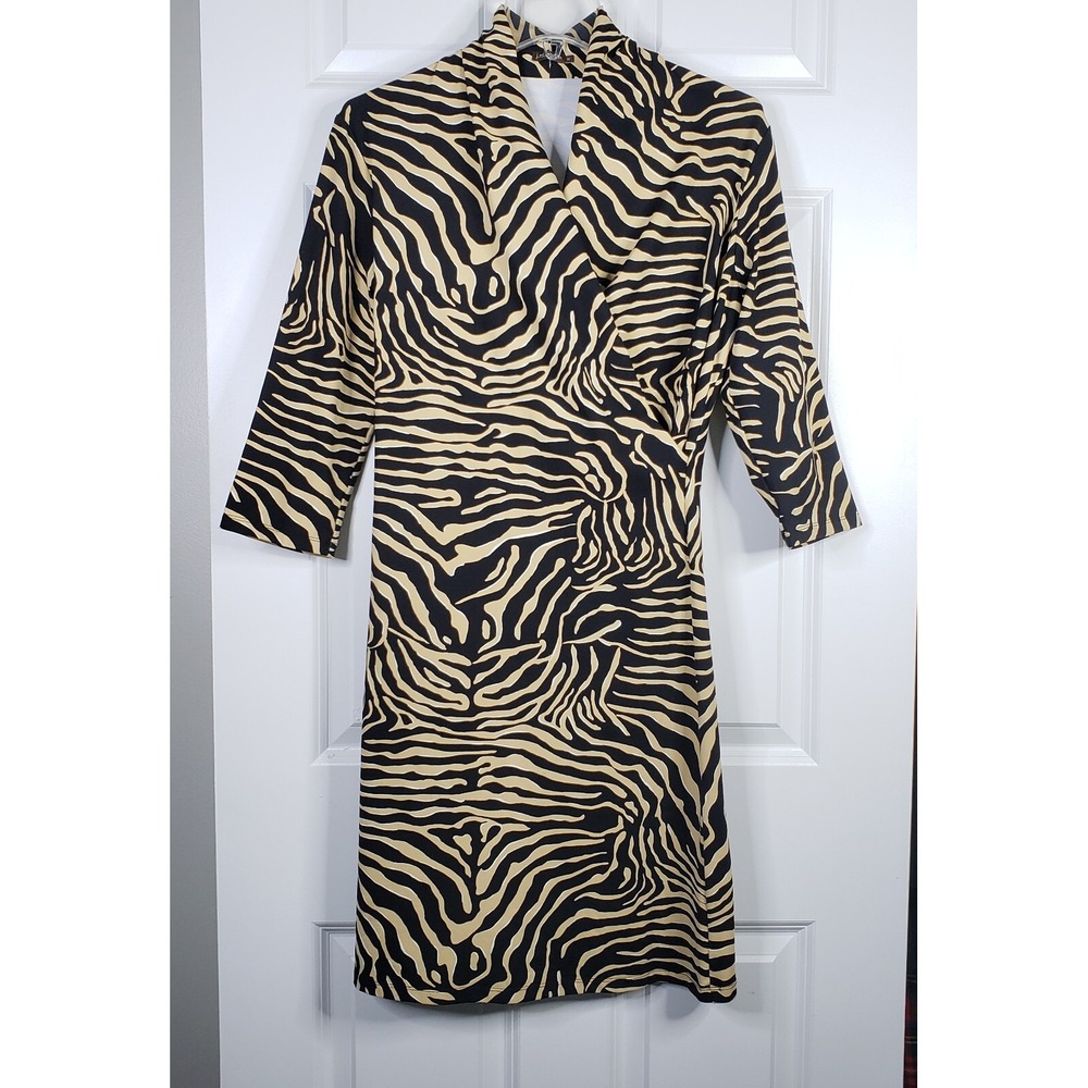 J McLaughlin Sophia Dress Size M Brown Zebra Print 3/4 Catalina Cloth Resortwear
